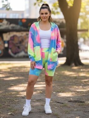 Rose Velvet Neon Tie-Dye Zip Hoodie & Biker Shorts 2-Piece Lounge Set